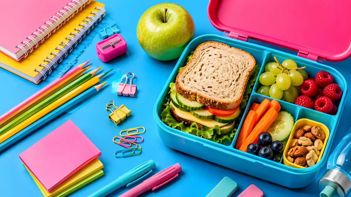 Bunte Brotdose mit Sandwich und Schulzubehör