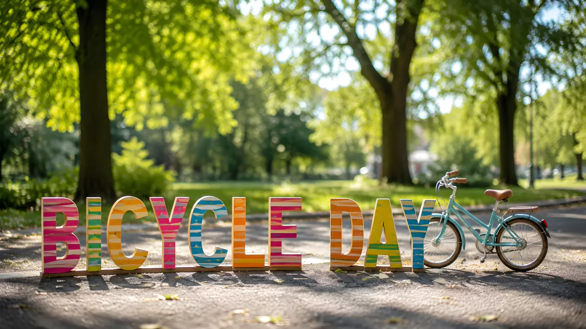 Bunte Buchstaben mit Fahrrad im sommerlichen Park