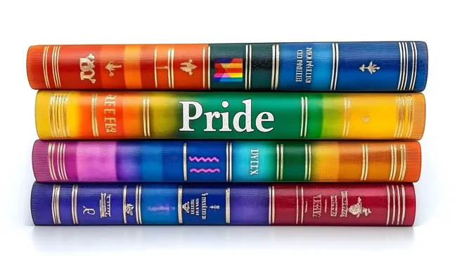 Bunte Bücherstapel in Regenbogenfarben für LGBTQ-Pride