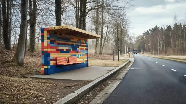 Bunte Bushaltestelle aus Lego-Bausteinen in ländlicher Umgebung