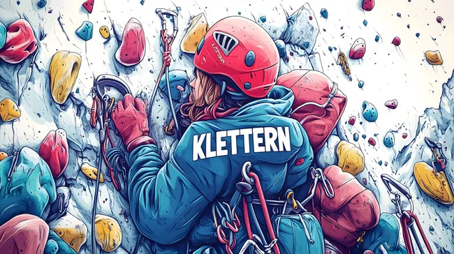 Bunte Cartoon-Bergsteiger-Illustration mit Ausrüstung