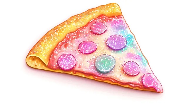 Bunte Cartoon-Pizzascheibe mit Glitzer und Pastellfarben