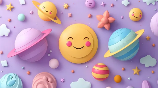 Bunte Cartoon-Planeten mit niedlichen Gesichtern
