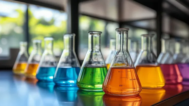 Bunte Chemie-Laborflaschen mit farbigen Flüssigkeiten