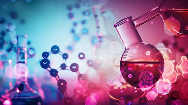 Bunte Chemie-Laborgefäße mit Molekül-Grafiken