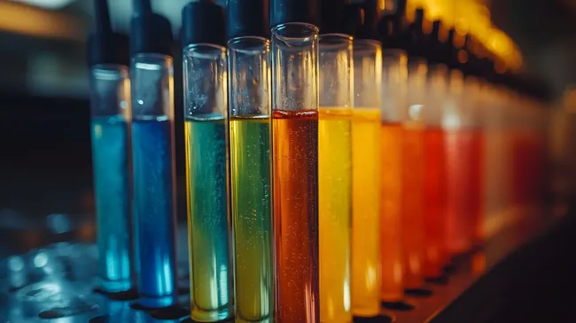 Bunte Chemiegläser in Laborumgebung