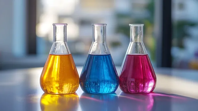 Bunte Chemiekolben mit farbigen Flüssigkeiten