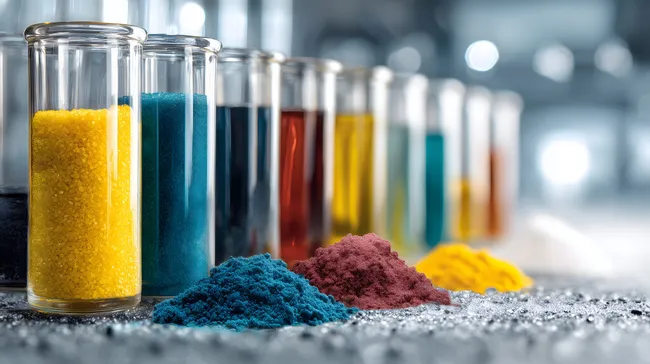 Bunte Chemikalien in Laborgläsern