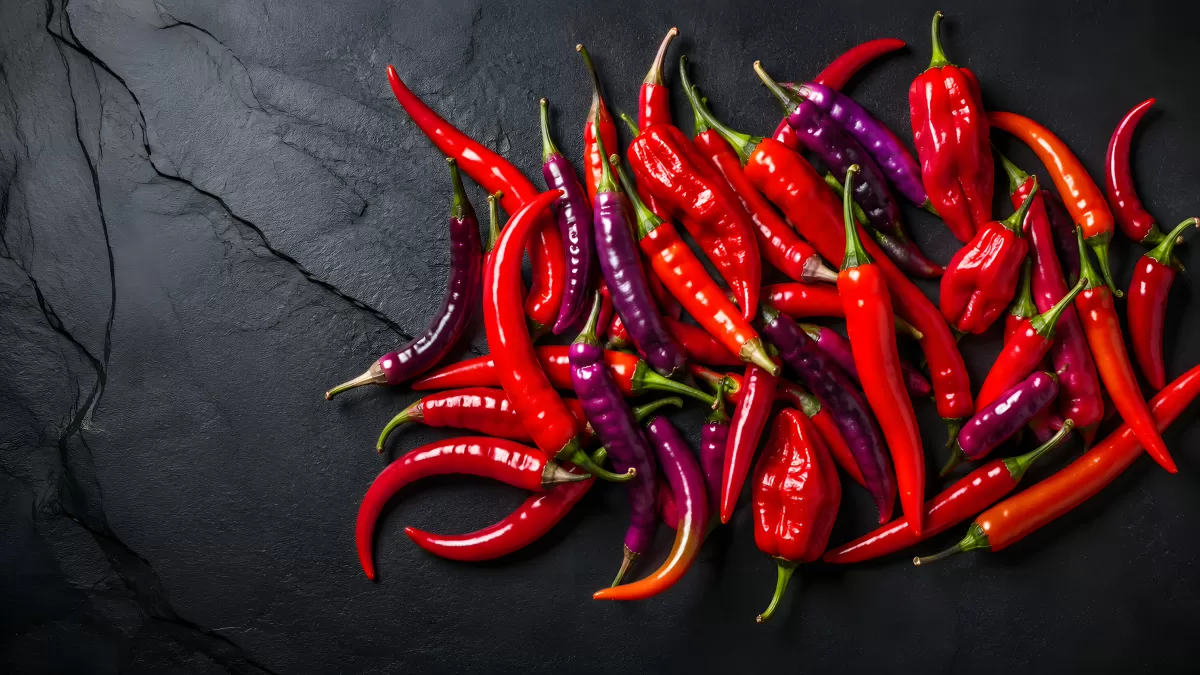 Bunte Chilischoten in Rot und Lila auf Schiefer