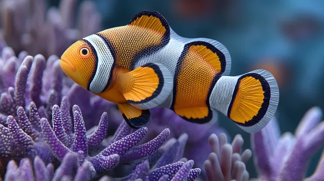 Bunte Clownfische in violetten Korallenriffen