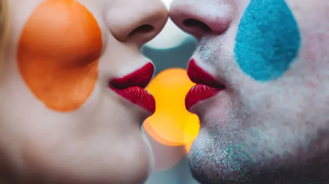Bunte Clowns in Nahaufnahme kurz vor dem Kuss