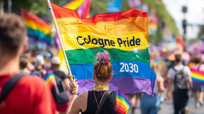 Bunte Cologne Pride-Fahne auf Regenbogenparade