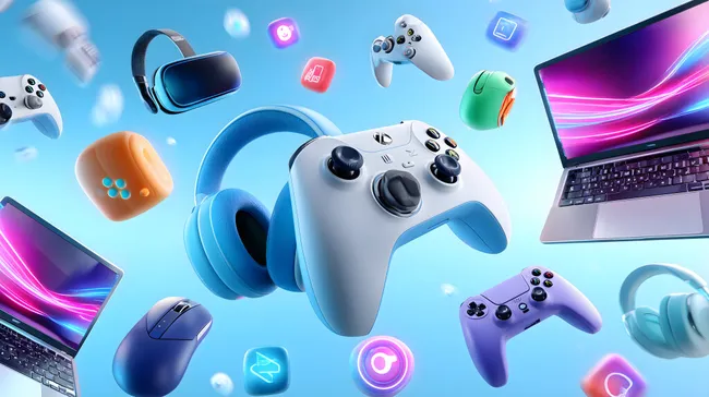 Bunte Computerspiele-Ausrüstung auf blauem Hintergrund