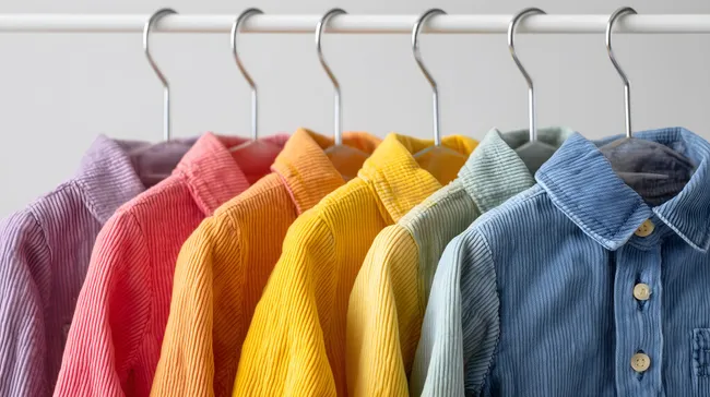 Bunte Cord-Hemden auf Kleiderbügeln