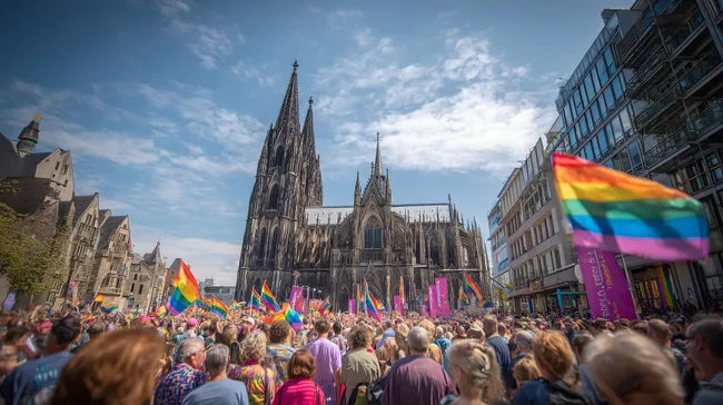 Bunte CSD-Parade vor dem Kölner Dom