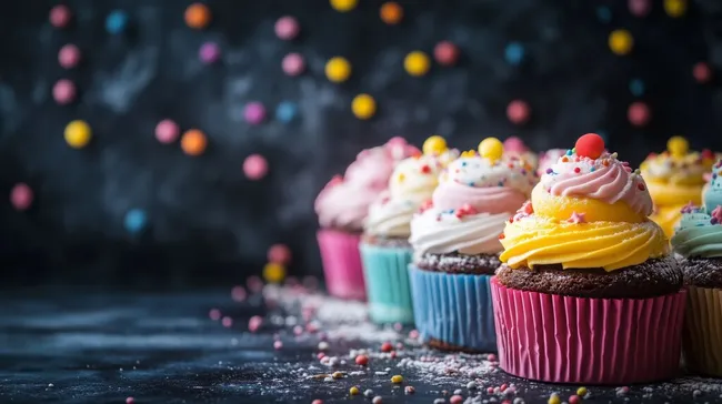 Bunte Cupcakes auf dunklem Hintergrund mit Zuckerkonfetti