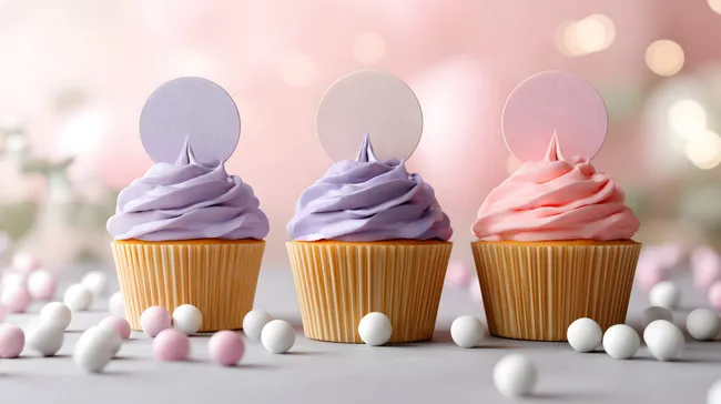 Bunte Cupcakes mit Zuckerperlen in rosa Kulisse