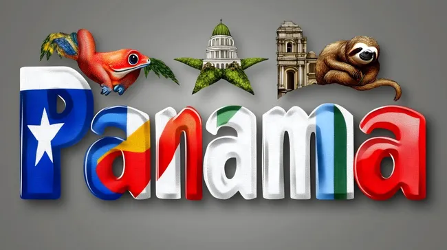 Bunte Darstellung von Panama mit Flaggen und tropischen Tieren