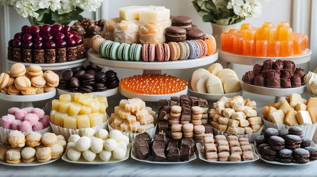 Bunte Desserts und Naschereien auf Präsentierteller