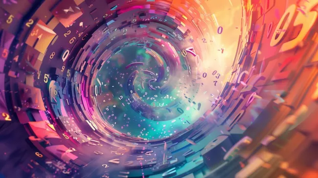 Bunte digitale Spiralexplosion mit Zahlen und Elementen