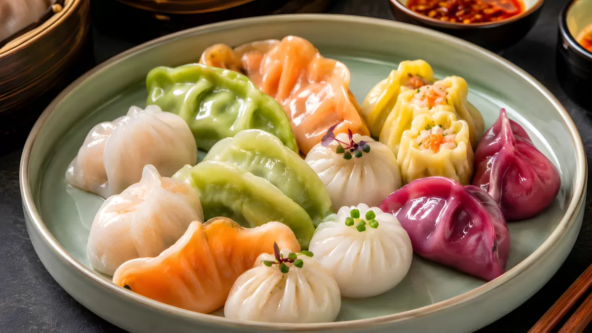 Bunte Dim-Sum-Auswahl auf elegantem Teller