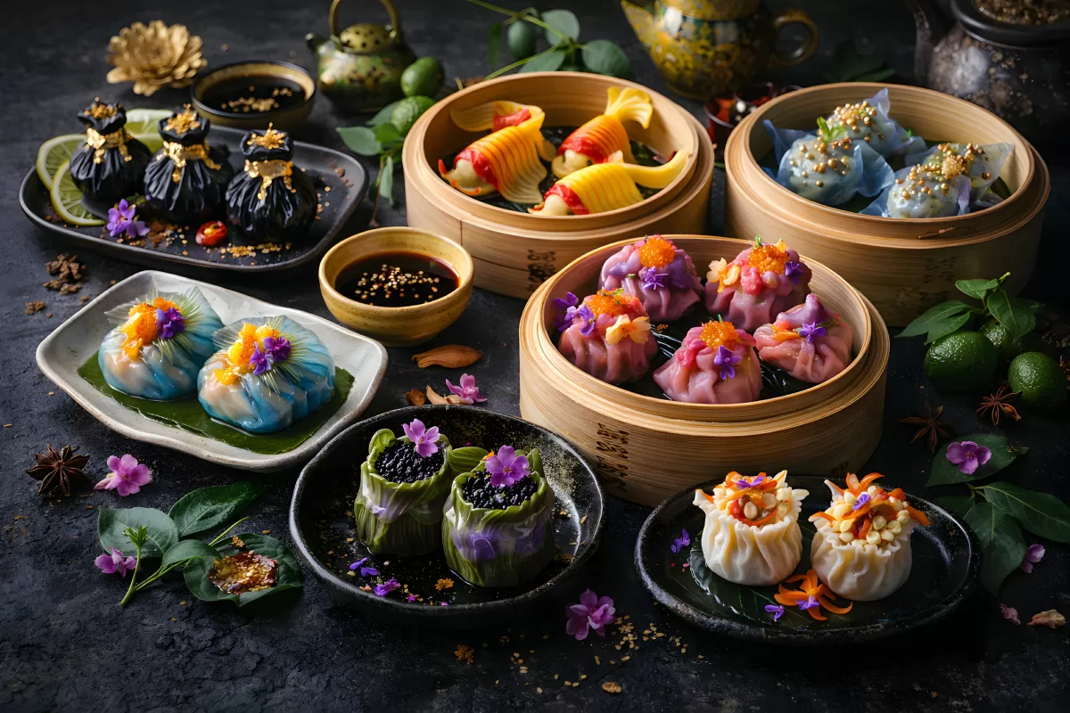 Bunte Dim-Sum-Vielfalt in Bambusdampfkörbchen