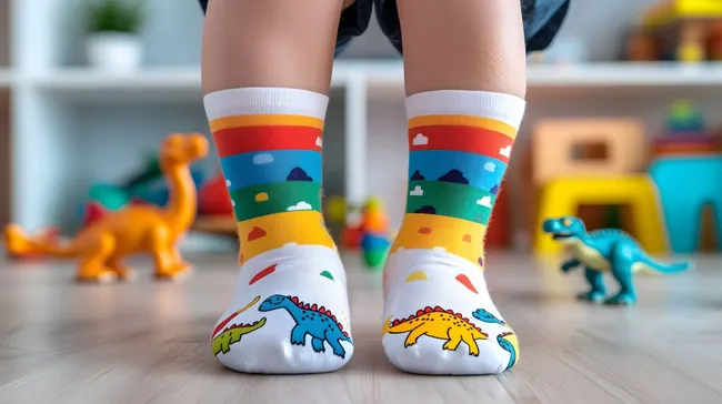 Bunte Dinosaurier-Socken im Kinderzimmer