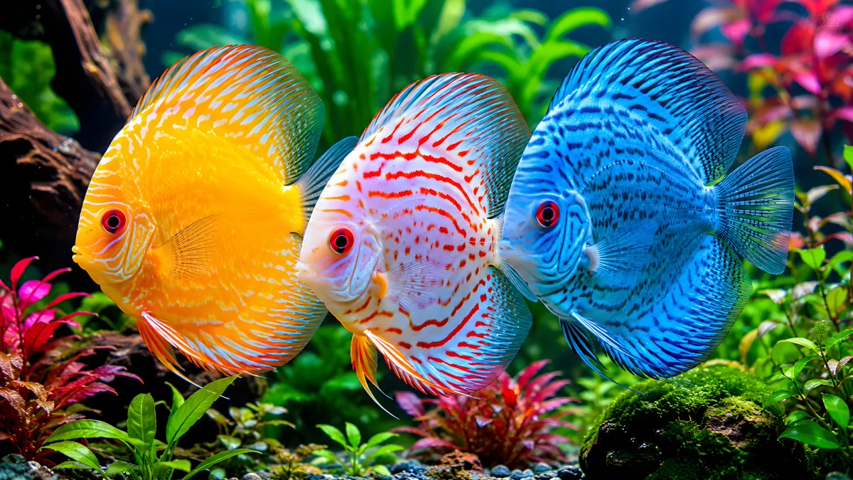 Bunte Diskusfische im bepflanzten Aquarium