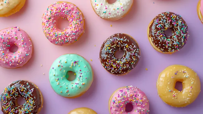 Bunte Donut-Flatlay auf rosa Hintergrund