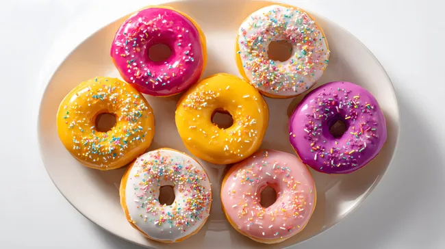 Bunte Donuts mit bunter Glasur und Streuseln
