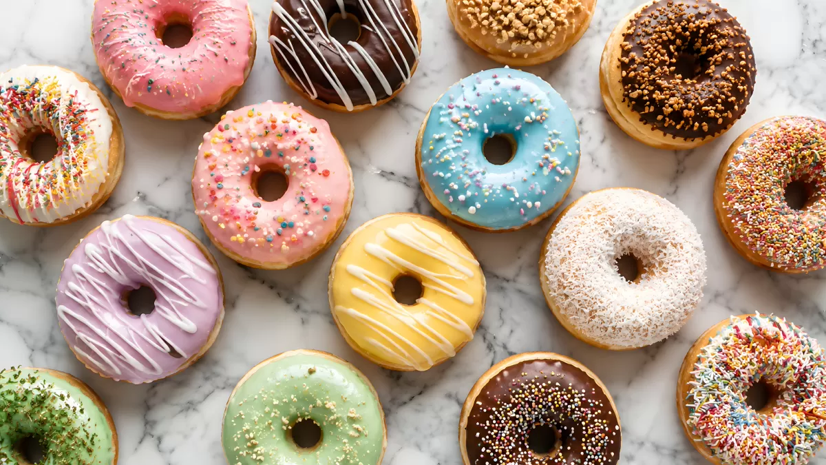 Bunte Donuts mit Glasur und Streuseln von oben