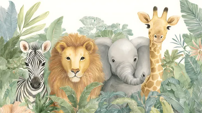 Bunte Dschungeltiere in Blätterkulisse