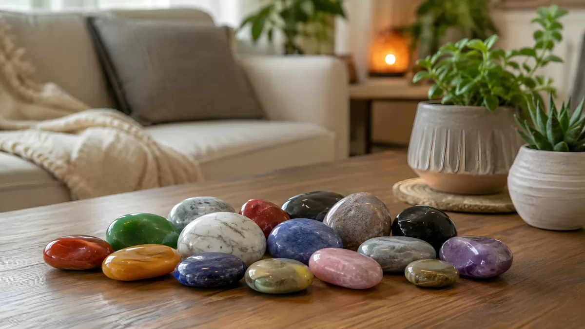 Bunte Edelsteine auf Holztisch im Wohnzimmer
