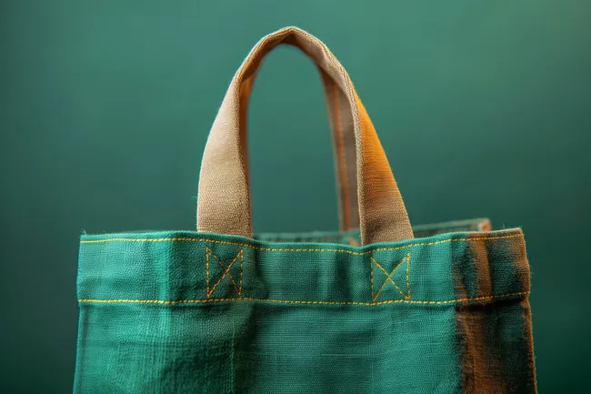 Bunte Einkaufstüte vor grünem Hintergrund