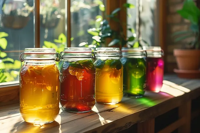 Bunte Einmachgläser mit Getränken