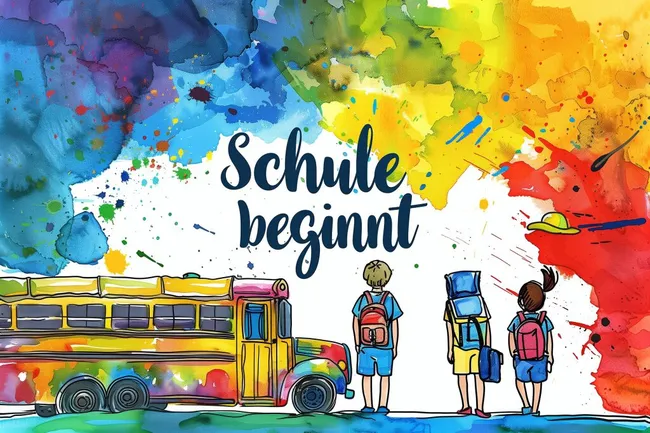 Bunte Einschulung: Schulbus und Schüler vor farbigem Hintergrund