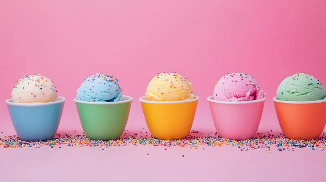 Bunte Eiscreme-Kugeln in farbigen Schalen mit Streuseln