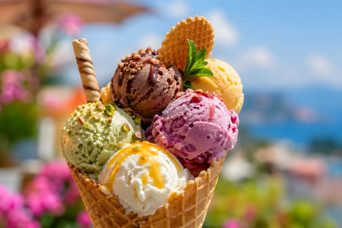 Bunte Eiskugeln im Waffelbecher an einem Sommertag