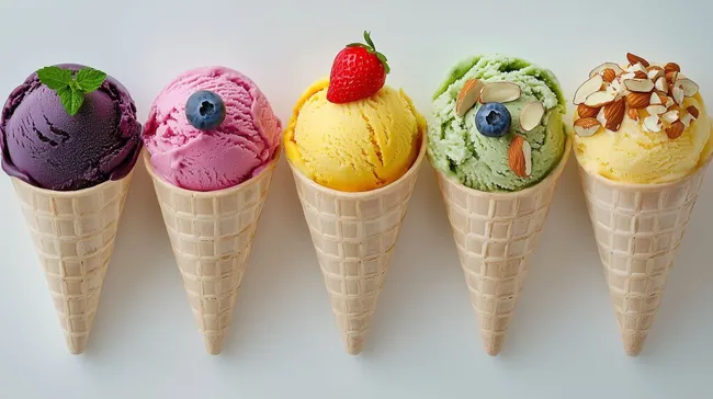 Bunte Eiskugeln in Waffelhörnchen