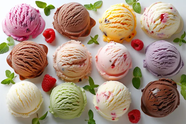 Bunte Eiskugeln mit Beeren und Minze