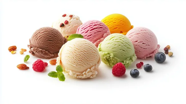 Bunte Eiskugeln mit Beeren und Nüssen