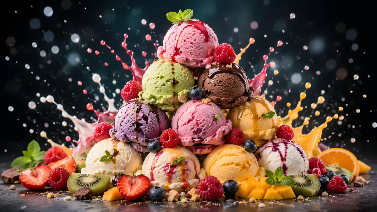 Bunte Eiskugeln mit frischen Früchten als Pyramide