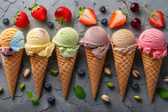 Bunte Eiskugeln und Früchte auf Schiefergrund