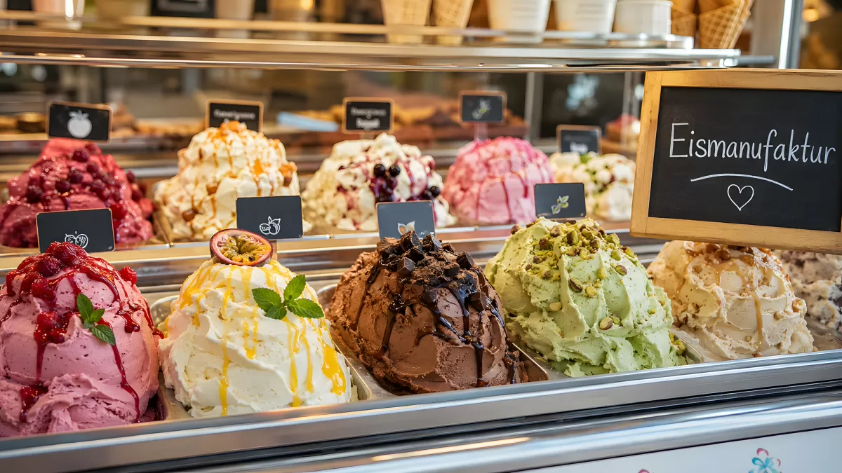 Bunte Eissorten in einer Eismanufaktur-Theke