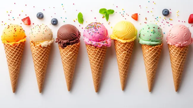 Bunte Eistüten mit verschiedenen Geschmacksrichtungen