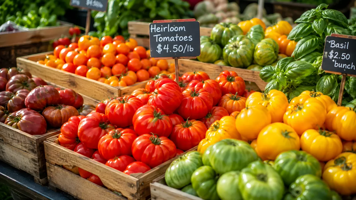 Bunte Erbstücktomaten auf dem Wochenmarkt — Bild kostenlos herunterladen