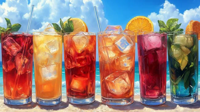 Bunte Erfrischungsgetränke am sonnigen Strand