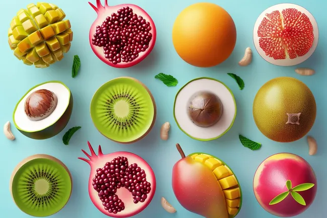 Bunte Exotische Früchte auf Pastellblau