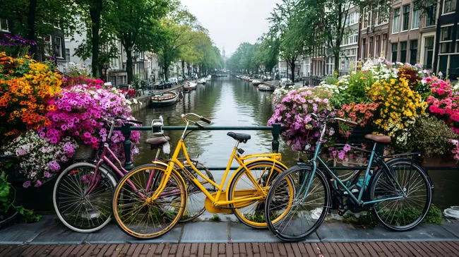 Bunte Fahrräder und Blumen an Amsterdamer Kanal