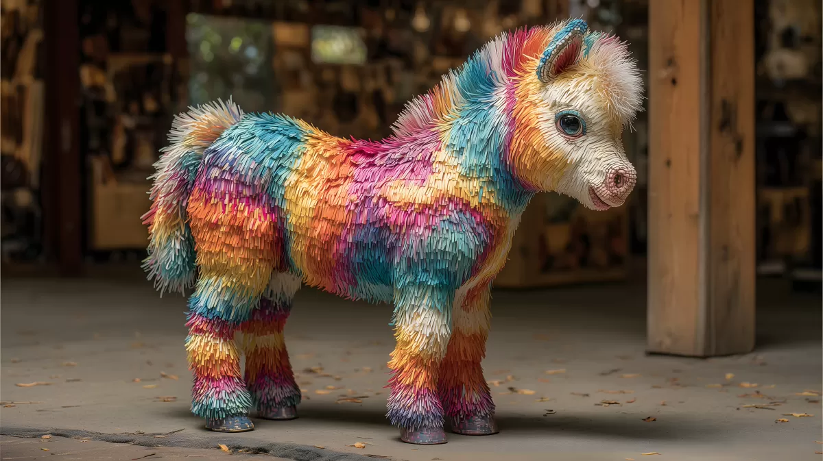 Bunte, fantasievolle Papier-Piñata in Werkstattumgebung